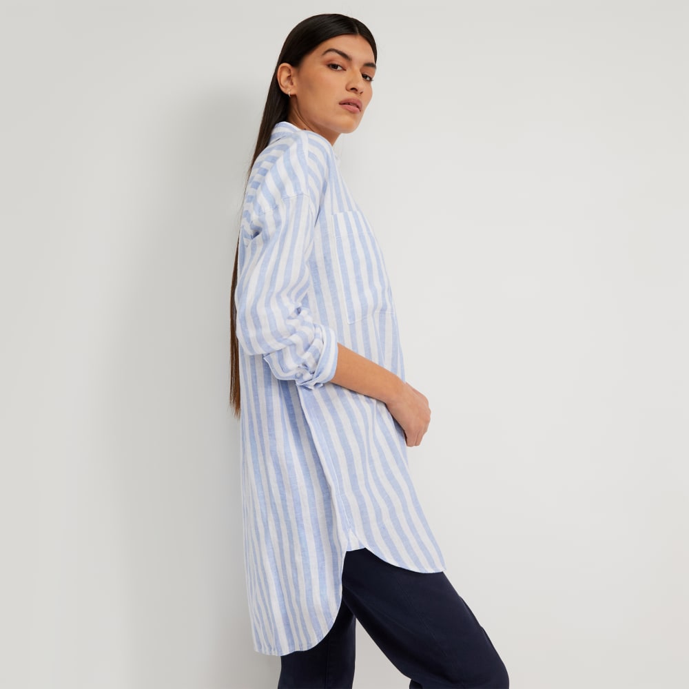 The Way-Long Linen Shirt | Blue / White - Image 5