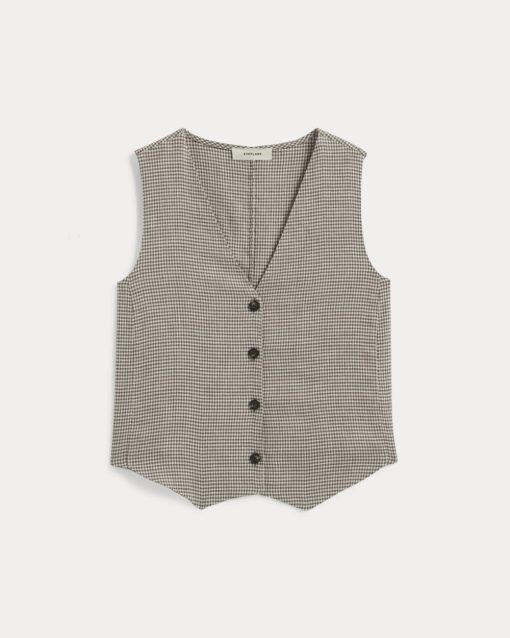 Alternative view of The Vest in Stretch Linen | Deep Taupe Mini Gingham
