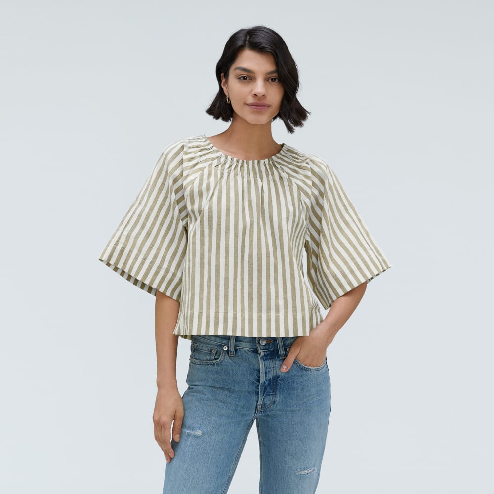 The Seersucker Gathered Tee | Nutria / Off-White - Image 2