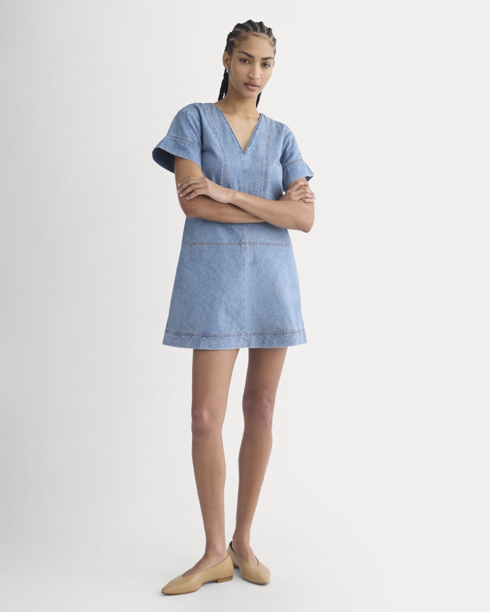 Denim Short-Sleeve Dress | Light Indigo - Image 3