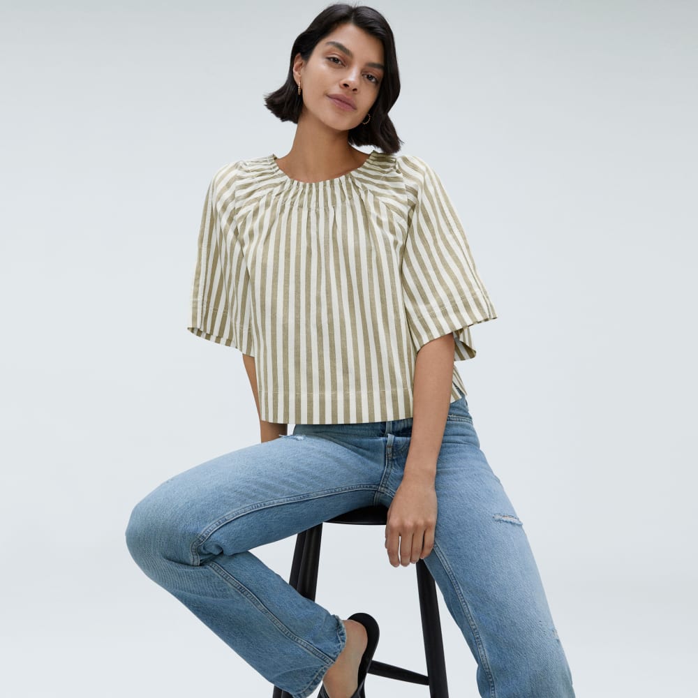 The Seersucker Gathered Tee | Nutria / Off-White - Image 5
