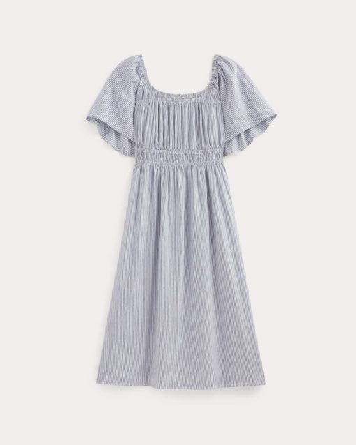 Alternative view of The Flutter-Sleeve Dress in Stretch Linen | White / Dutch Blue