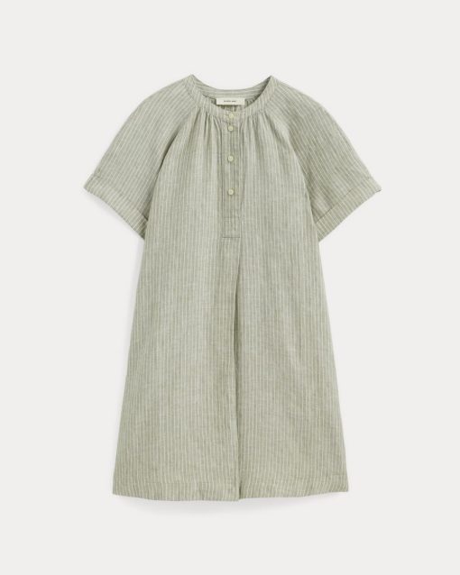Alternative view of The Popover Dress in Linen | Oil Green / White