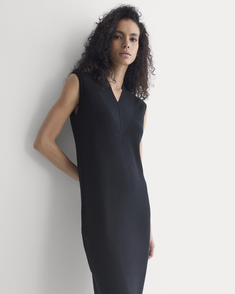 Relaxed V-Neck Midi Sweater Dress in Cotton Merino | Black - Image 3