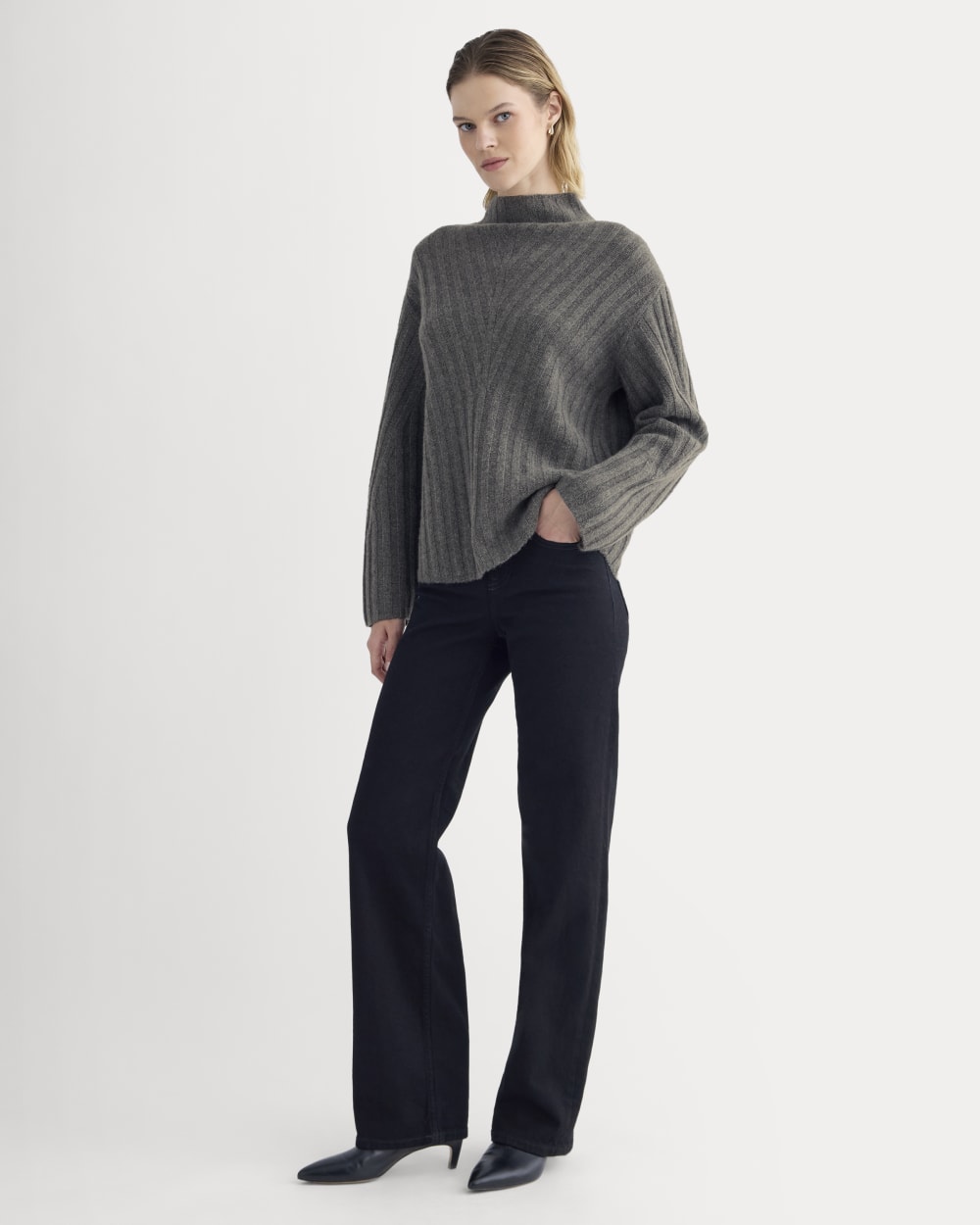 Funnel-Neck Sweater in Wool Cashmere | Heather Charcoal - Image 3