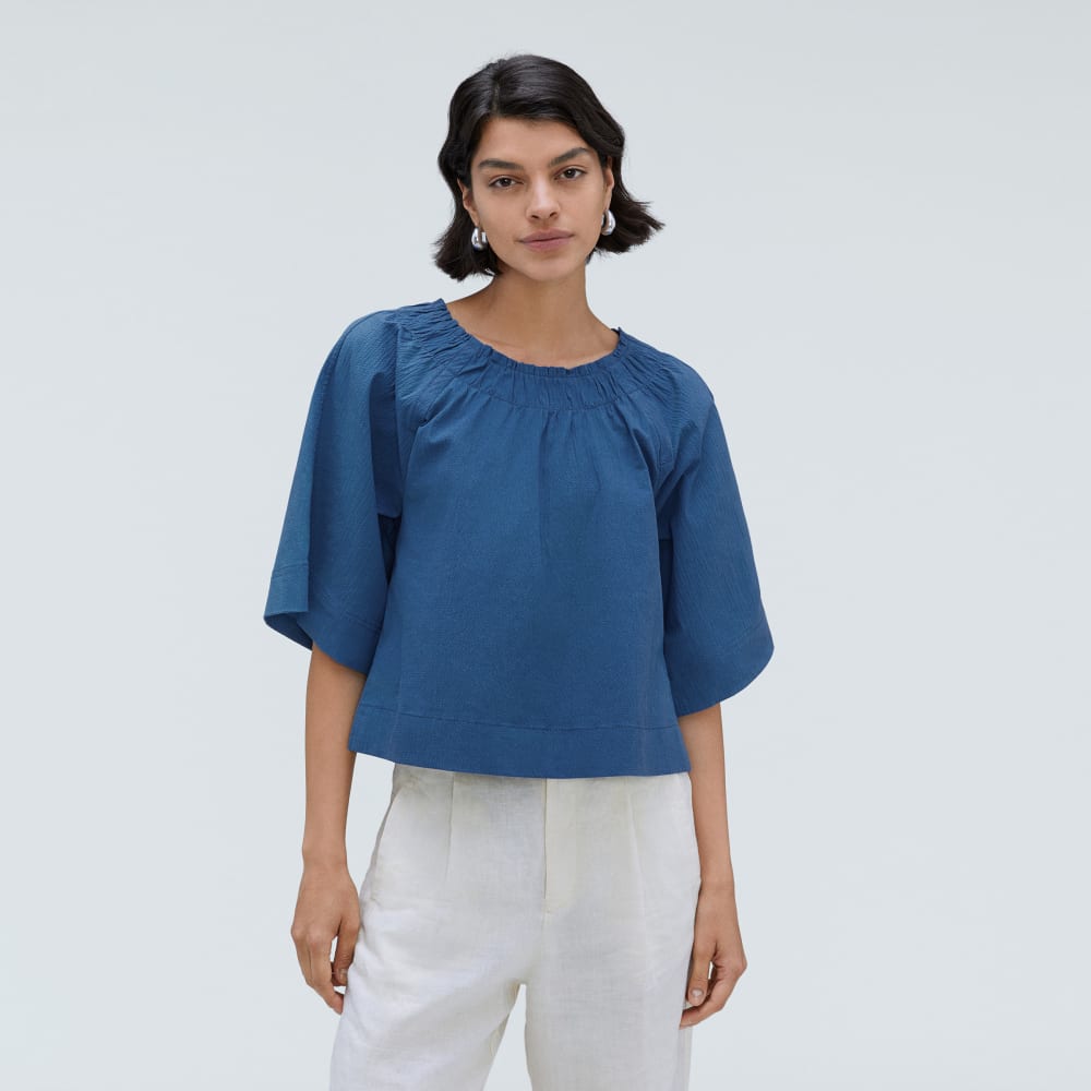 The Seersucker Gathered Tee | Deep Blue - Image 2