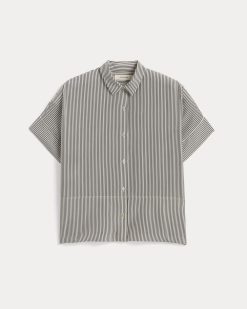 Alternative view of The Boxy Shirt in Washable Silk | Black Micro Stripe