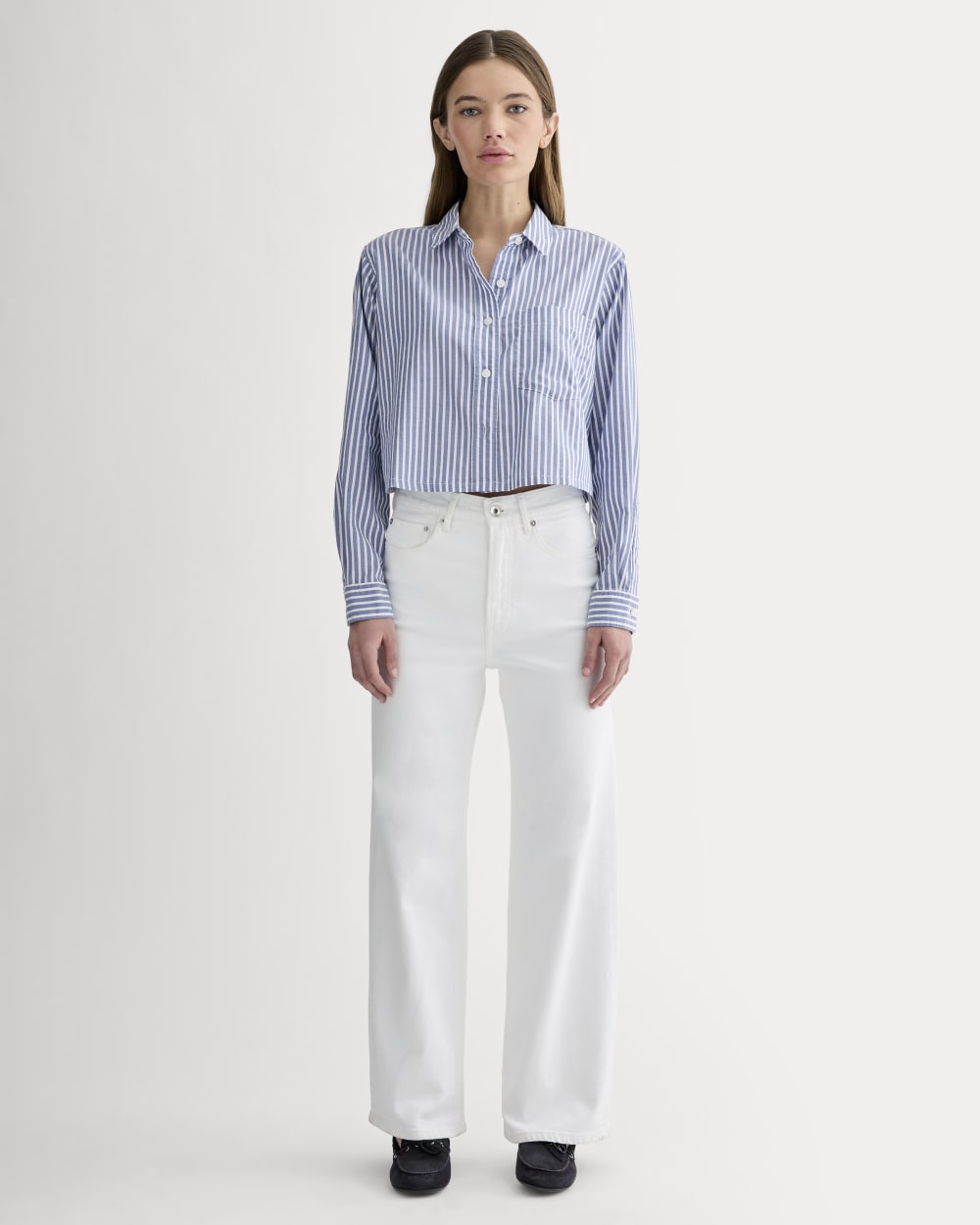 The Way-Short Shirt in Silky Cotton | Bone / Mazarine Blue - Image 3