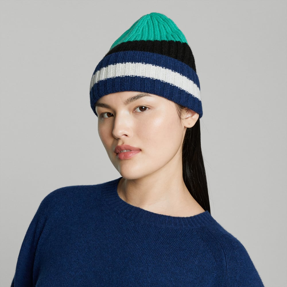 The Cashmere Beanie | Bright Navy Multi Stripe - Image 5