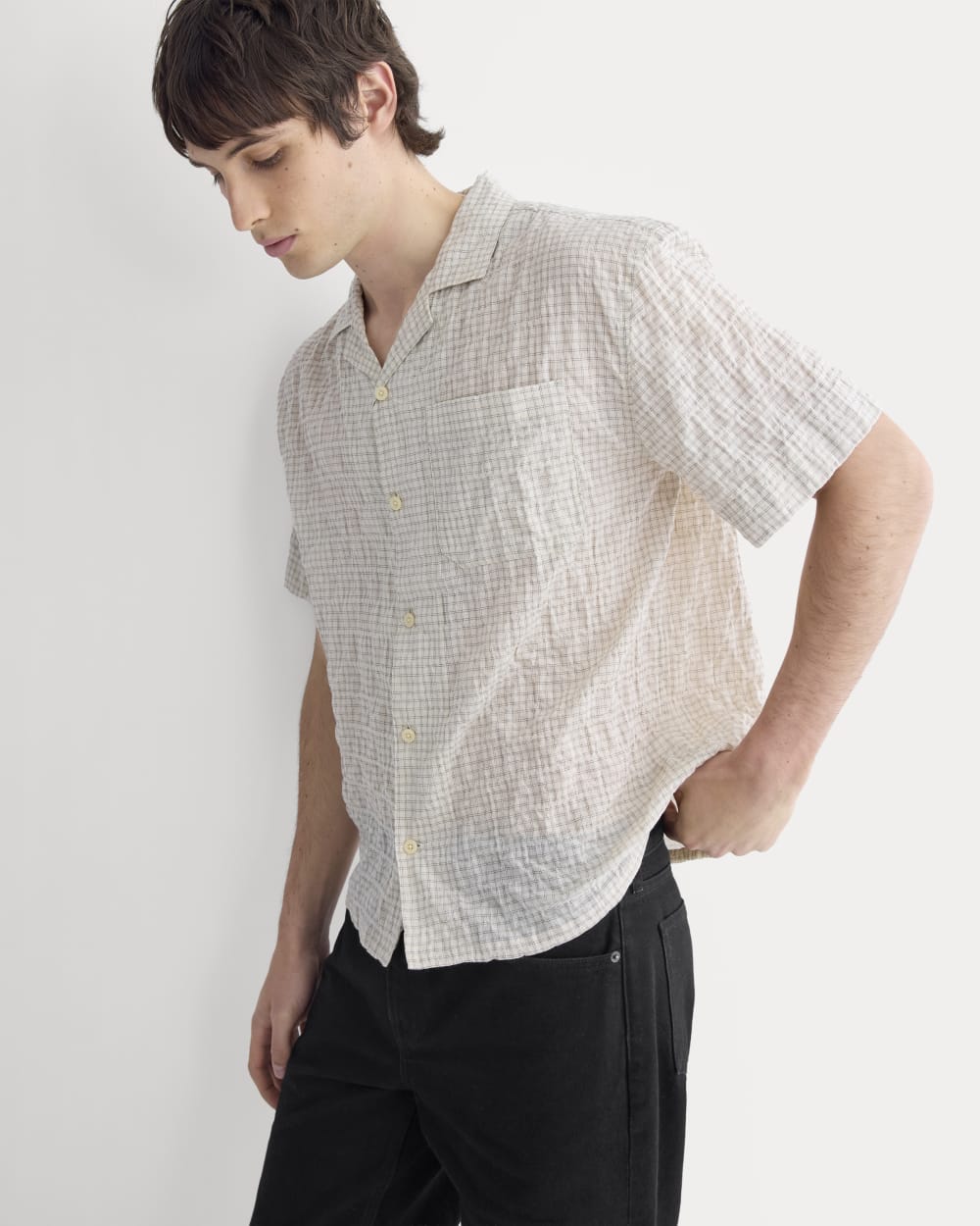 Textured Voile Resort Shirt | Natural Plaid
