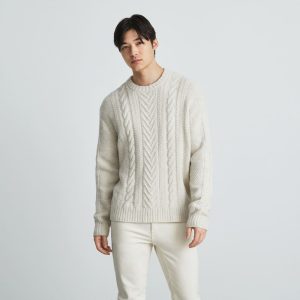 Alternative view of The Felted Merino Cable-Knit Crew | Heathered Oat